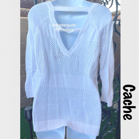 Cache Open Weave See Through Deep V Front & Back Cotton Blend Sweater Top LG - Picture 12 of 13